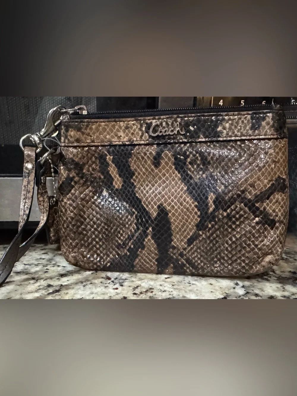 Coach Taupe and Black Snakeskin-Print Wristlet